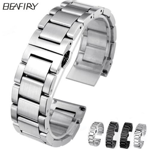 BEAFIRY Brushed/Polished Stainless SteelWatch Band 18mm 20mm 22mm 24mm Black Silver buckle Watchband Wristwatches Strap