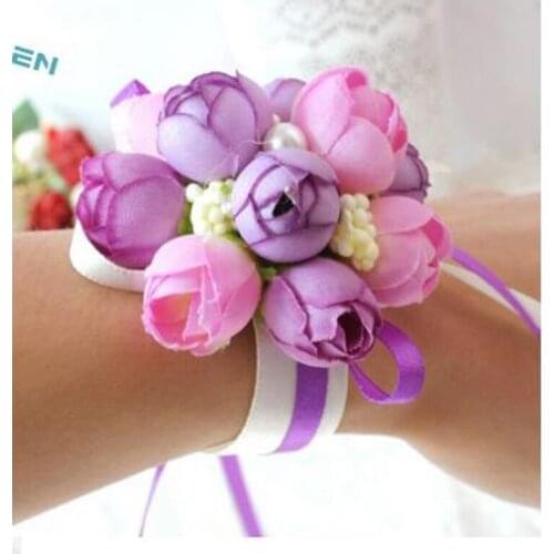 Wrist Flower Rose Silk Ribbon Bride Corsage Hand Decorative Wristband Bracelet Bridesmaid Curtain Band Clip Bouquet