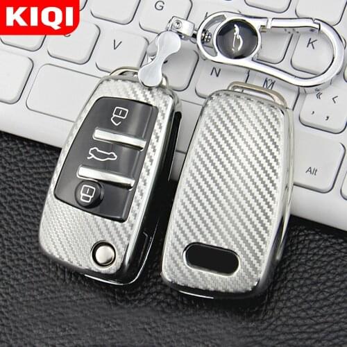 KIQI Carbon Fiber Car Folded Key Cover Protective Case Holder Bag Keychain Key Ring for Audi A1 A3 A4 A5 Q7 A6 C5 C6 Accessories