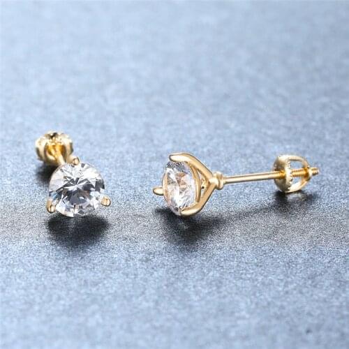Vintage Gold Color Small Stud Earrings Cute Round White Zircon Screw Back Earrings For Women Men Luxury Crystal Wedding Earrings
