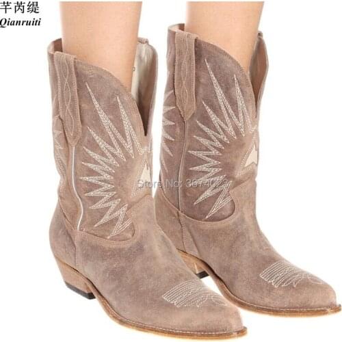 Qianruiti Vintage Shoes Women Stars Embroidered Mid Boots Pointed Toe Low Heels Distressed Cowboy Boots