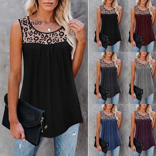 Leopard Print Loose Round Neck Sleeveless T-Shirt Womens Summer Breathable A-shaped Casual Outdoor Ladies Tops 2021 new