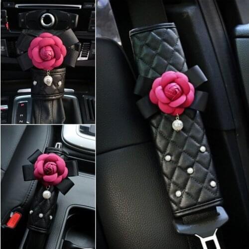 Womens Safety Car Seat Belt Covers / Shift Knob Cover Leather flower Cover Shoulder Pads for Lady Girlfriend Gift