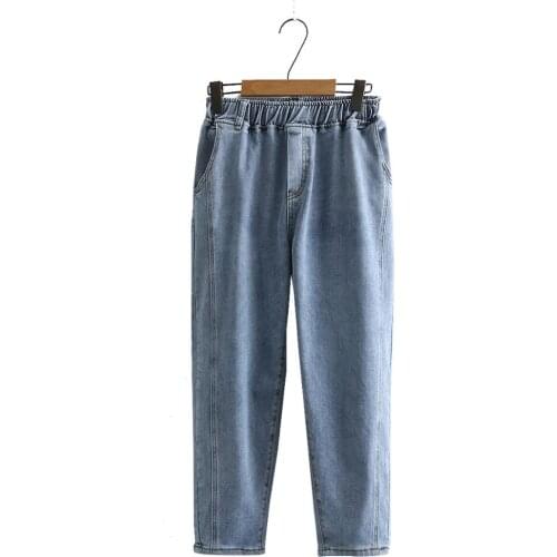 Plus size Elastic Waist cotton women loose jeans pants 2021 new spring autumn casual ladies blue trousers pants female