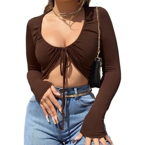 Womens Tie Knot Crop Top Sexy Deep V Neck Long Sleeve Solid Color Ruched Basic T-Shirt