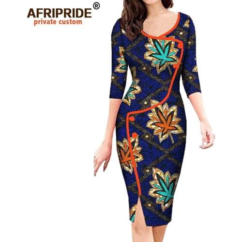 2018 african spring dress for women AFRIPRIDE three quarter sleeve knee-length split casual women dress button A7225160