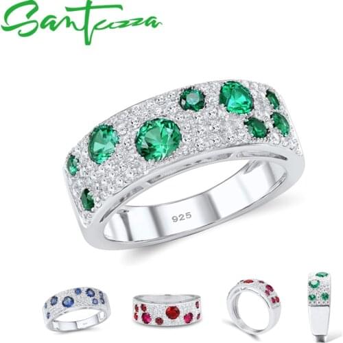 SANTUZZA 100% 925 Sterling SilverRings For Women Sparkling Created Ruby Green Spinel Blue Cubic Zirconia Trendy Fashion Jewelry
