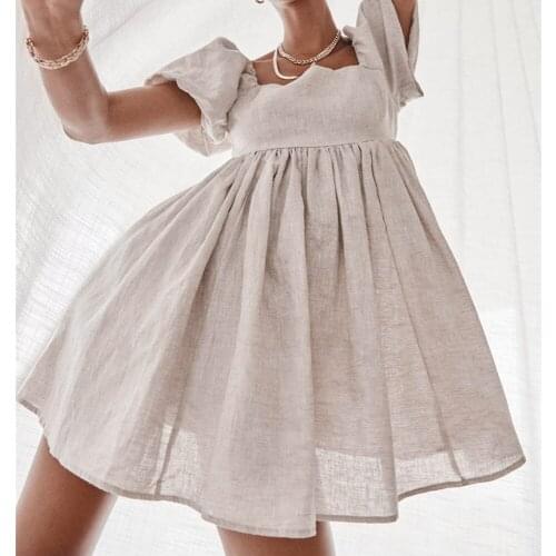 Cotton Linen Summer Dress Women 2021 Vintage Square Collar Mini Dress Casual Puff Sleeve Solid Sweet High Waist A Line Pleated