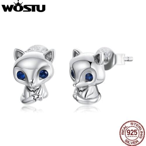 WOSTU Lovely fox Cute Animal Stud Earrings 925 Sterling Silver For Women Girl Gift Unique Design Fine Jewelry BKE1084