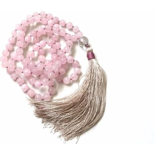 2019 NEW Style108 MALA Necklace Hand Knotted Natural Rosequartz Beads Tassel Necklace Meditation Prayer Jewelry Yoga Jewelry