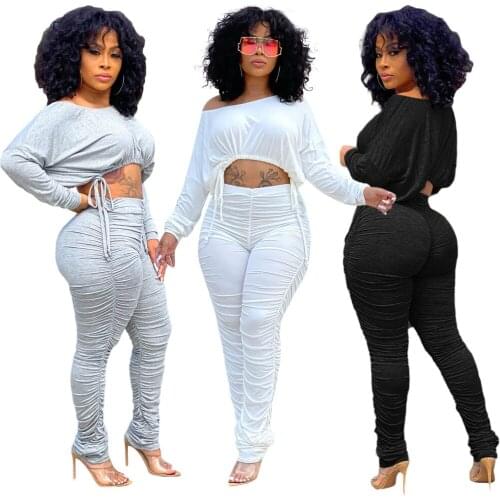 28S390001 Autumn Winter Women Outdoor Casual Home Solid Navel Bandage Pleated Two Piece Set Tracksuit Sweatsuit Outfits Hot