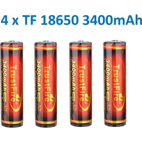 4 X TF 18650 3400mAh Battery 3.7v Rechargeable 12.6Wh TrustFire Lithium Ion Battery with PCB for LED Light Flashlight Model Cars