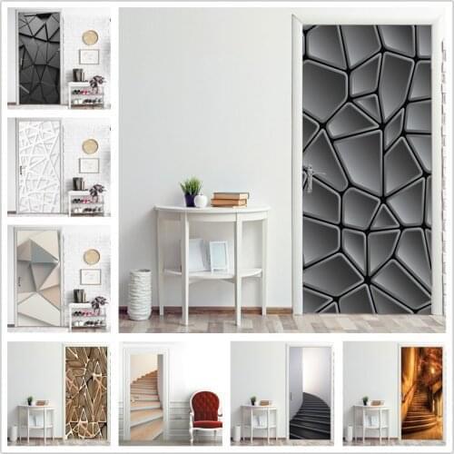 Corridor Abstract Geometric Wallpaper Home Decor Door Stickers Self Stick Stairs Pattern Waterproof Old Door Renovation