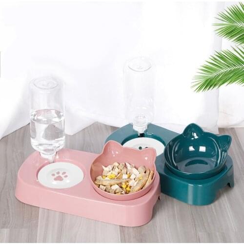 Pet Cat Bowl Automatic Feeder Dog Cat Food Bowl With Water Fountain Double Bowl Drinking Raised Stand Dish Bowls For Cats