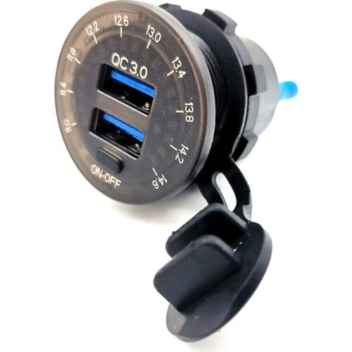 QC 3.0 Car Dual USB Phone Charger with LED Voltage Meter ON OFF Switch Waterproof