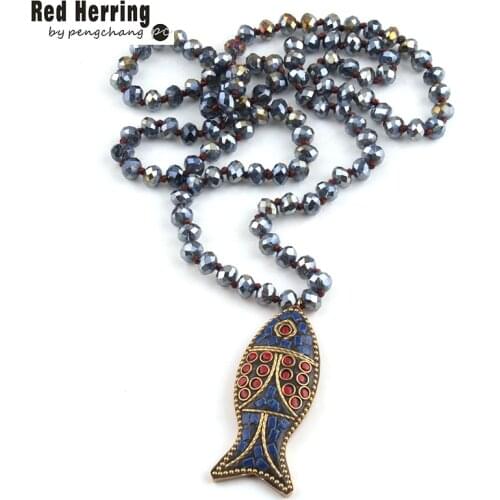 Free Shipping Fashion Navy Long Crystal Glass Knotted Fish Pendant Necklaces For Bohemian Tribal Jewelry