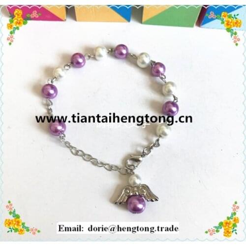 Freeshipping 8mm imitation pearl rosary bracelet,religious bracelet, fashion bracelet bangle with angel wing pendant