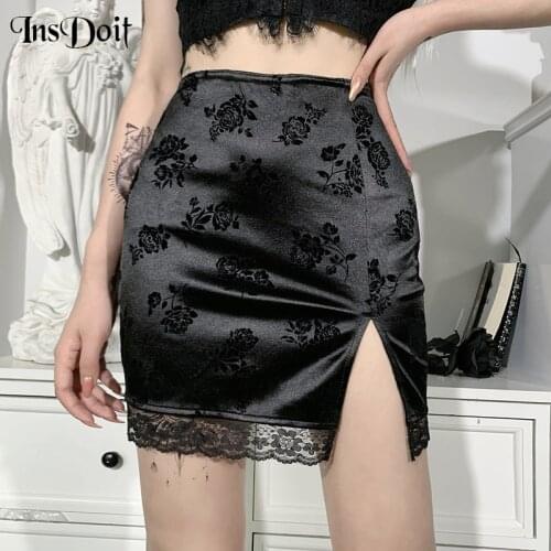 InsDoit Velvet Gothic Sexy Lace Black High Waist Skirt Streetwear Vintage Floral Print Skirts Women Split Elegant Short Skirts
