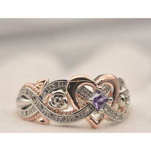 Exquisite Silver Plated Filled Rose Gold Princess Ring Purple Crystal Zircon Heart Ring Bridal Ring Engagement Jewelry For Women
