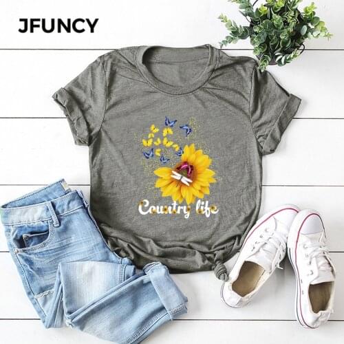JFUNCY 100% Cotton T Shirt Women Plus Size Shirts Country Life Printed Tshirt Woman O Neck Short Sleeve Tees Casual Summer Top