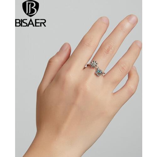 BISAER Genuine 925 Sterling Silver Plated Platinum Zircon Firefly Flower ​Adjustble Ring Women Girls Fashion Jewelry Gift Bijoux