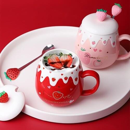 Creative Strawberry Mug Ceramic Mug with Lid Spoon Coffee Cup Couple Milk Cup Strawberry Cute Girl Breakfast Cup Creative