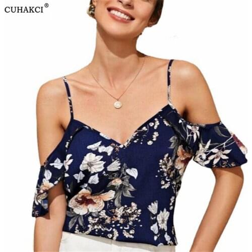 CUHAKCI Summer Fashion Floral Print Beach Shirts Women Casual Off Shoulder Sleeveless Tops V Neck Chiffon Blouse Spaghetti Strip