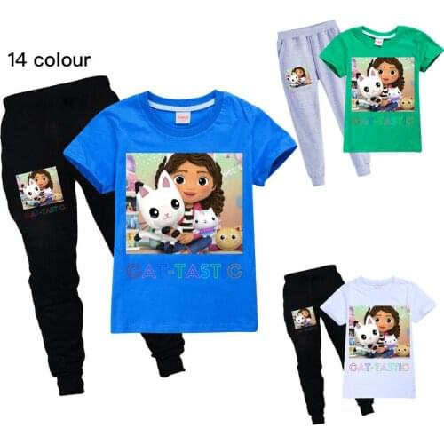 Summer Clothes for Girls Cat-Tastic Sportswear Suit 3D Cartoon Printed Pullovers Children Boys Short-sleeved T-shirt + Trousers