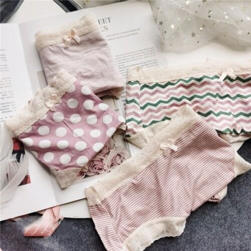 Modal Wave Point Panties For Girl Cute Mid Waist Striped Coast Lace Edge Cute Womens Underwear Seamless Transparent Bow Briefs