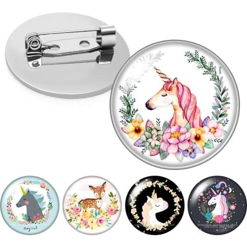 Cartoon animals unicorn giraffe deer Flamingo Panda fashion Glass cabochon Brooch Dome Photo Jewelry Brooches Pin Men Woman Gift