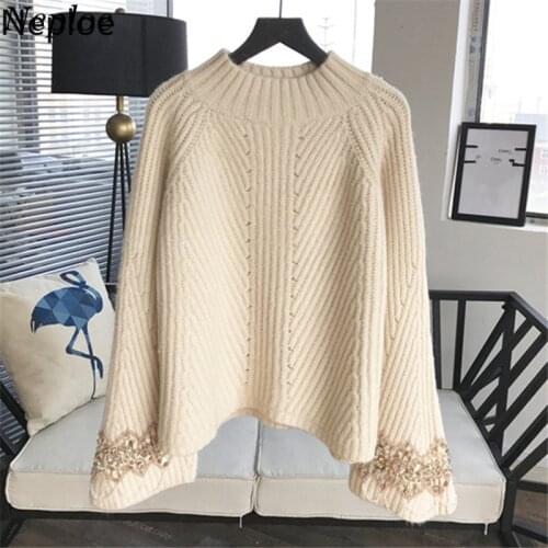 Neploe Knitted Beading Vintage Solid Women Pullovers Thick Warm Winter Female Sweater 2021 Flare Sleeve Loose Sueter Mujer 68752