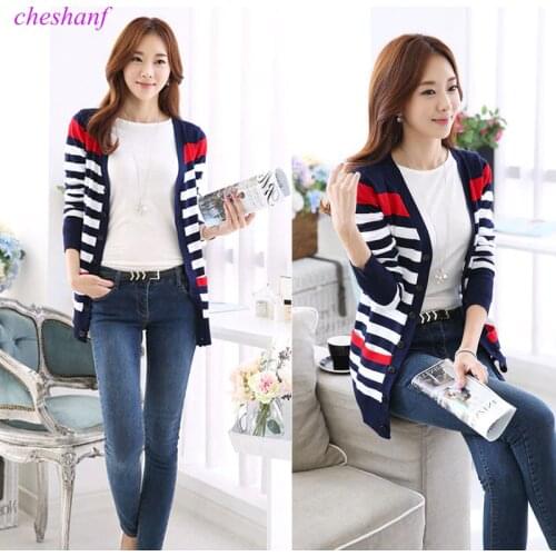 2021 New Fashion Women Spring Autumn Slim Sweater Cardigan V-Neck Medium-Long Stripe Cardigan Women Knitted Outerwear Female