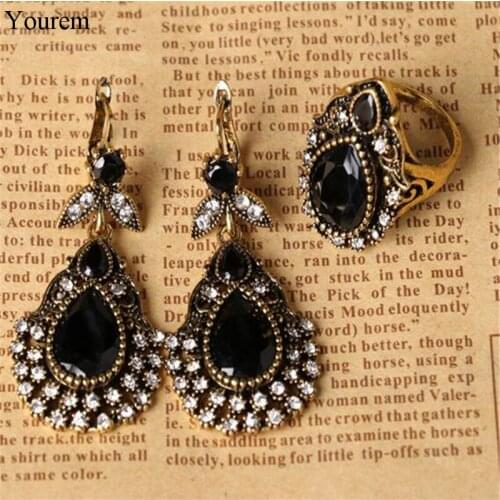New fashion antique bronze vintage simulated stone water drop dangle earrings rings party jewelry sets for women fj307