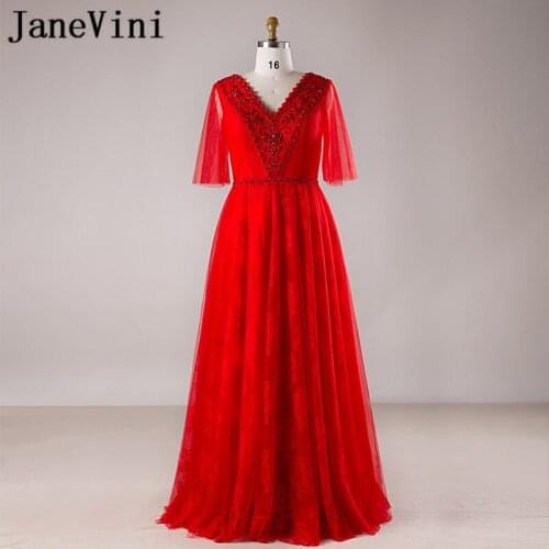 JaneVini 2018 Dubai Red Beaded Plus Size Mother Of The Bride Dresses Arabic V-Neck A-Line Lace Tulle Formal Evening Party Gowns