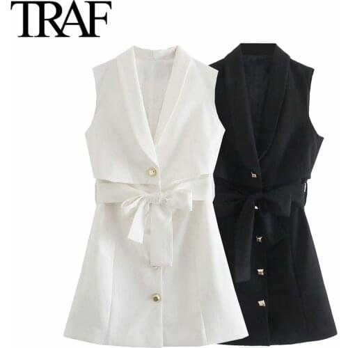 Traf Za Womens Clothing Black Sleeveless Suit Dress Summer Bow Dresses Female French Fashion White Mini Dress Vestidos Mujer