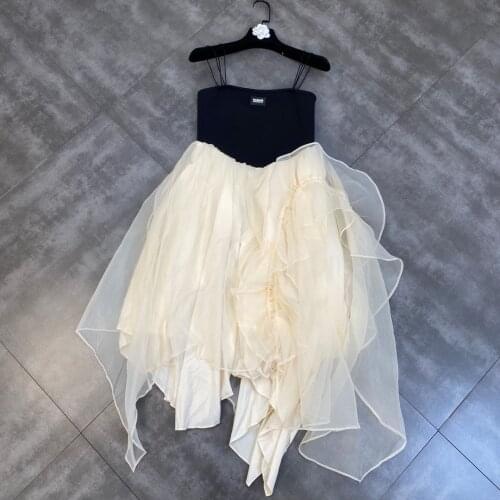 ZCSMLL Summer Autumn Patchwork Irregularly Hits The Color Waist and Looks Thin, Fluffy Sling Dress Tide 2021 New Tide