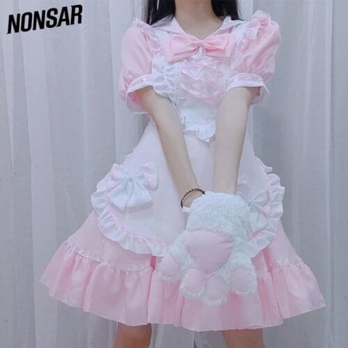 NONSAR Bowknot Puff Sleeve Lolita Dress Summer Apron Pink White Maid Dresses Cosplay Costumes Platycodon First Love New S-XL