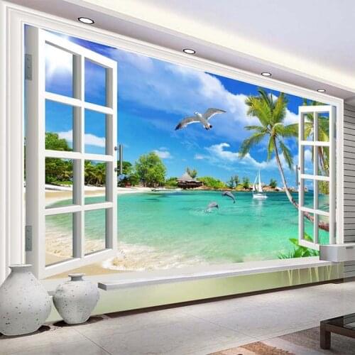 Custom Photo Wallpaper 3D Seaside Landscape Window Mural Wall Cloth Living Room Sofa Home Decor Wall Covering Papel De Parede 3D