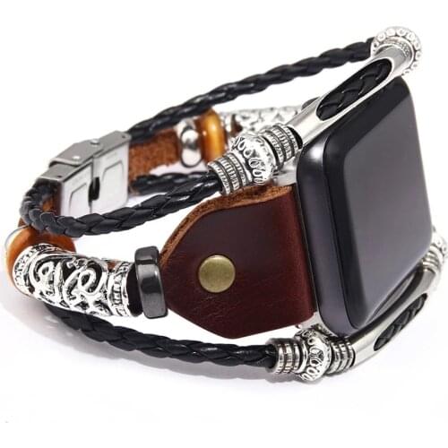 Vintage PU Leather Band for Apple Watch 6/SE/5/4/3 44mm 40mm Replacement Bead Braided Bracelet Strap for Women Men Accessories