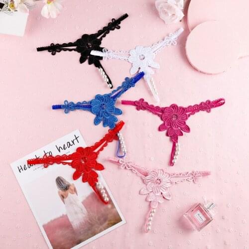 Sexy Women Low Waist Panties Bandage Embroidery Thongs Female Pearls G String Lingerie Underwear Briefs Crotchless Panties