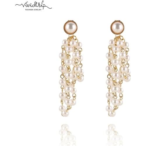 Fashion Luxury Imitation Pearl Tassel Clip on Earrings Ear Clips Without Piercing for Women Party Earring Female Brincos Jewelry