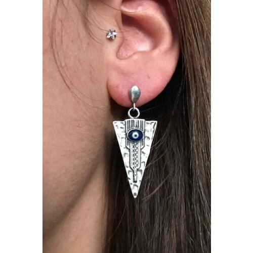 Triangle Evil Eye Eye Motif Oxidized Filigree Silver Lady Earrings