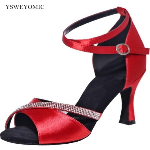 Ballroom Latin Dance Shoes 2021 New Style Red White Black Satin Suede Outsole Meduim Heel 2inch Training Salsa Latin Dance Shoes