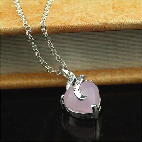 WQQCR Wholesale 925 Silver colorStereo Love Pattern CZ Inlay Pink Pendant Necklace + 18 Inch ROLO Chain Girl Holiday Gift
