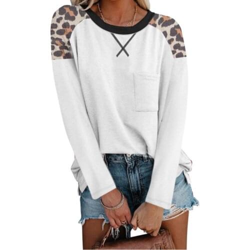 Large Size S-5XL Big Oversized Autumn Casual T-shirt Solid Color Patchwork Leopard Print Pocket Long Sleeve Loose Women T-shirts