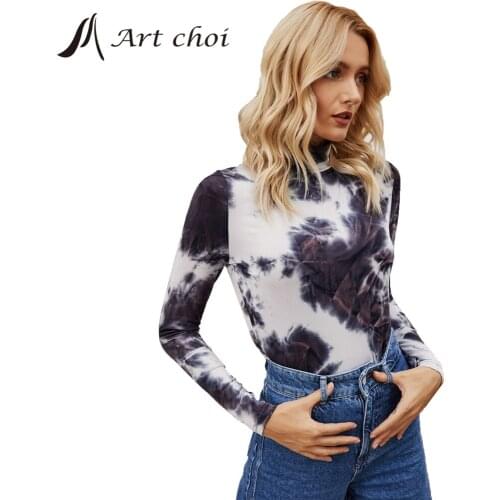 Spring Autumn Winter Women Fashion T Shirt Tie-Dye Printing Casual Pullover Long Sleeve Tops Simple Slim Bottoming Base Shirt