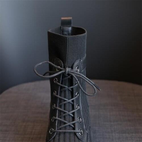 Black Sock Boots Women Leather Genuine Platform Heels Trendy Shoes Autumn Women Ankle Platform Motocycle Boots Women Fashion