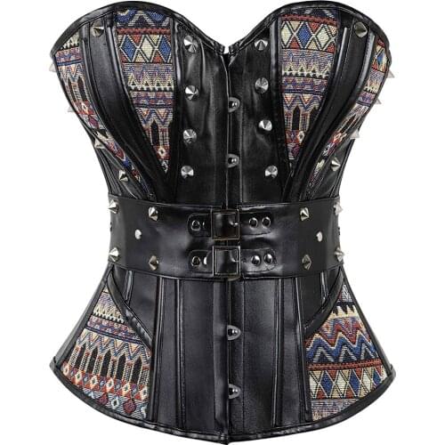 Womens Steampunk Overbust Corset Sexy Faux Leather Black Punk Rivets Corsets and Bustiers Rock N Roll Waist Trainer Shaper New