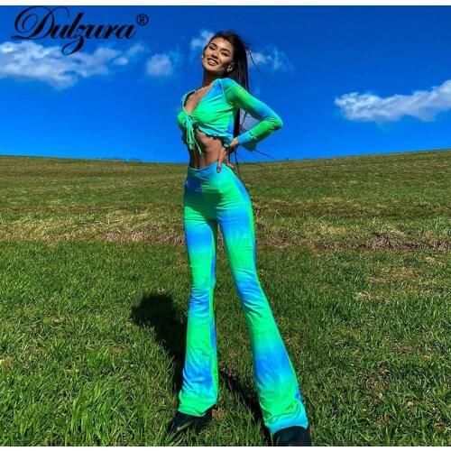 Dulzura Tie Dye Women 2 Piece Set Long Sleeve Crop Top Lace Up High Waist Flare Pants Matching Co Ords Set 2021 Summer Outfit