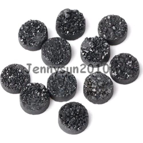 14mm Jet Black (No Hole) Druzy Quartz Ag-ate Flat Back Connector Round Cabochon Beads Jewelry 10 Pcs /Pack